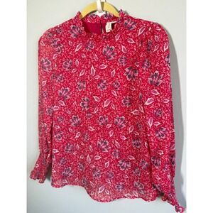 Joie Blouse XS Pink Floral Mock Neck Smocked Cuff Blouse Romantic Business Wear